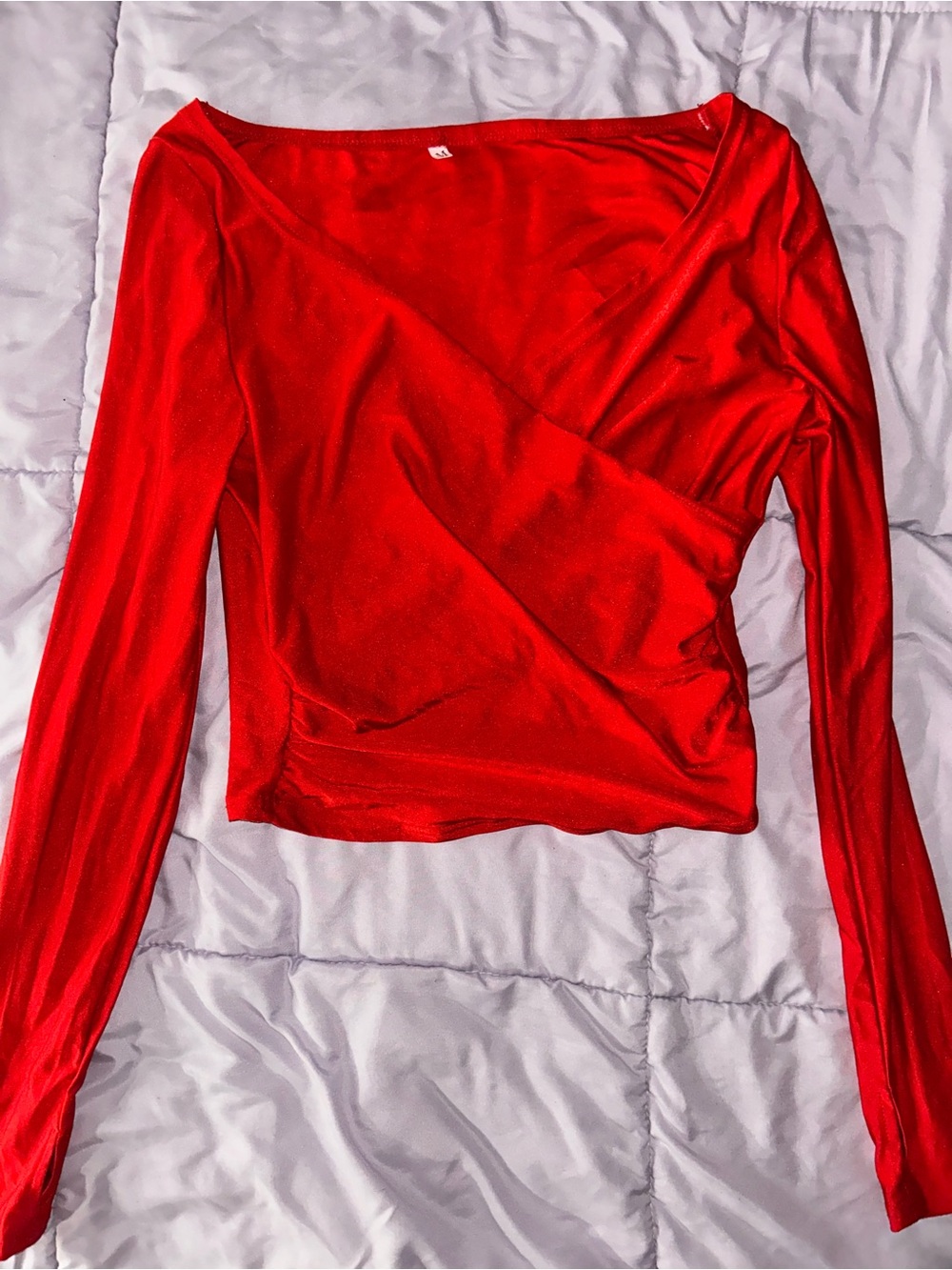 Red Long-Sleeve Wrap-Style Women’s Top